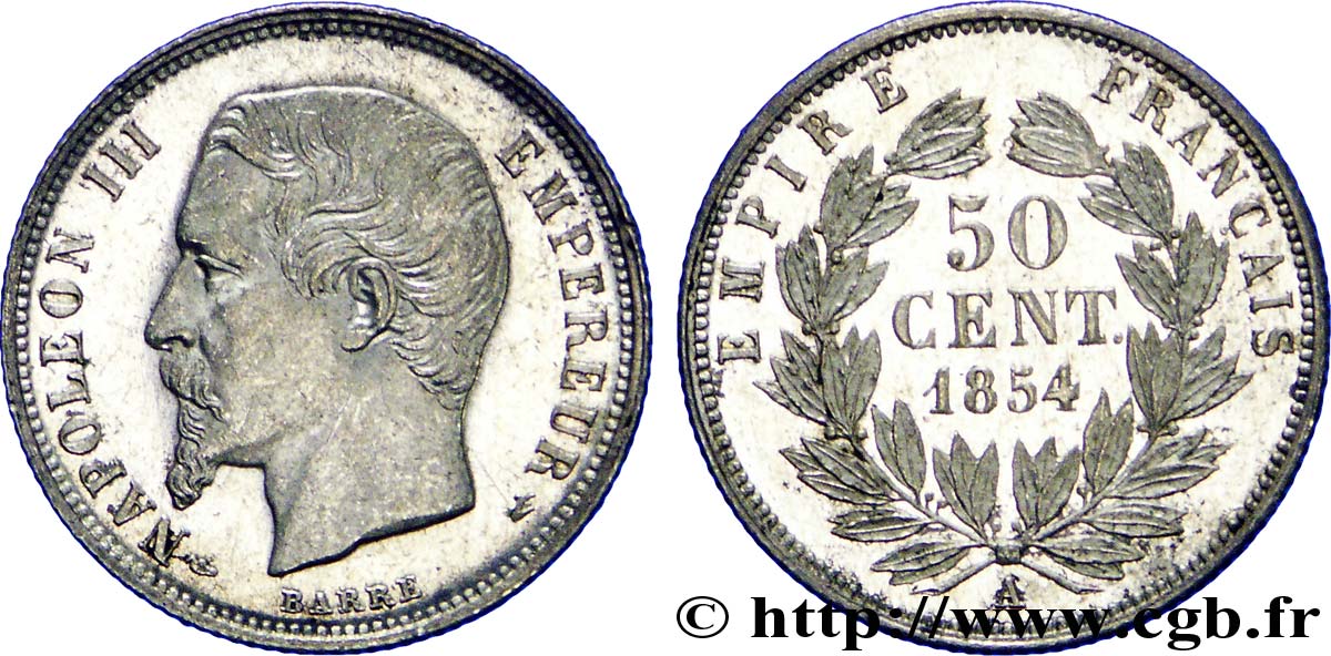 50 centimes Napoléon III, tête nue 1854 Paris F.187/2 SUP 