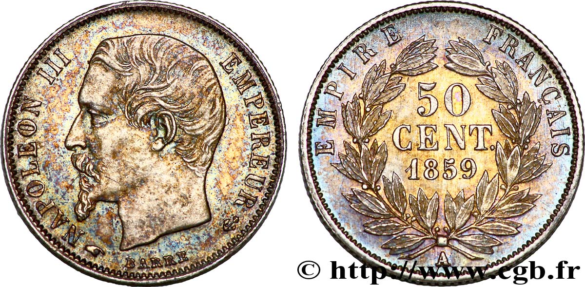 50 centimes Napoléon III, tête nue 1859 Paris F.187/10 SPL 