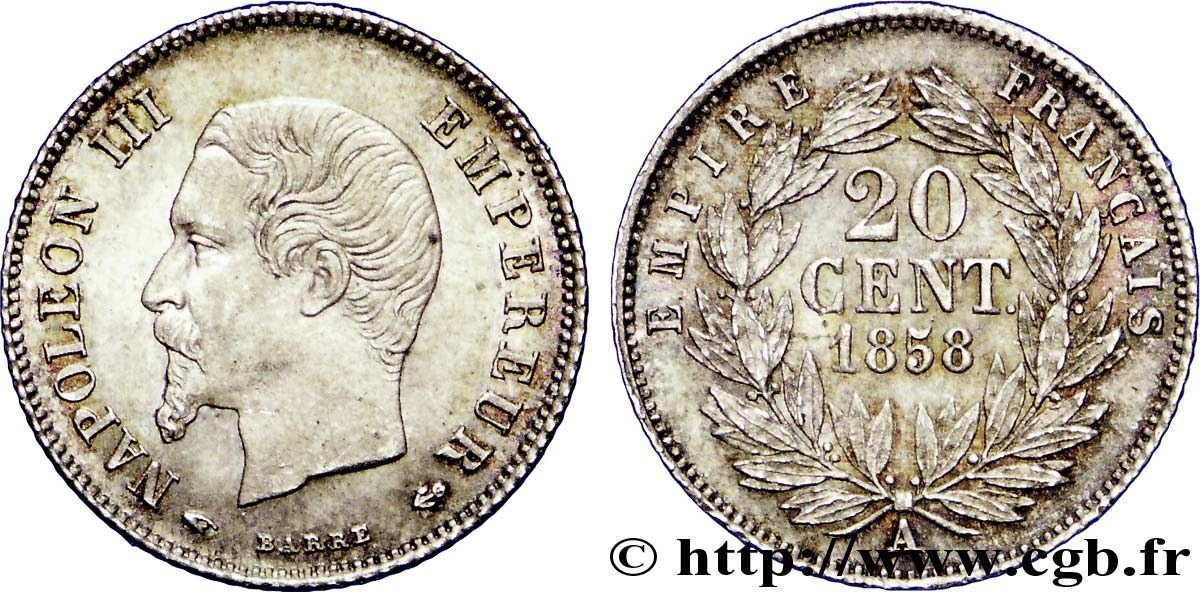 20 centimes Napoléon III, tête nue 1858 Paris F.148/10 EBC 