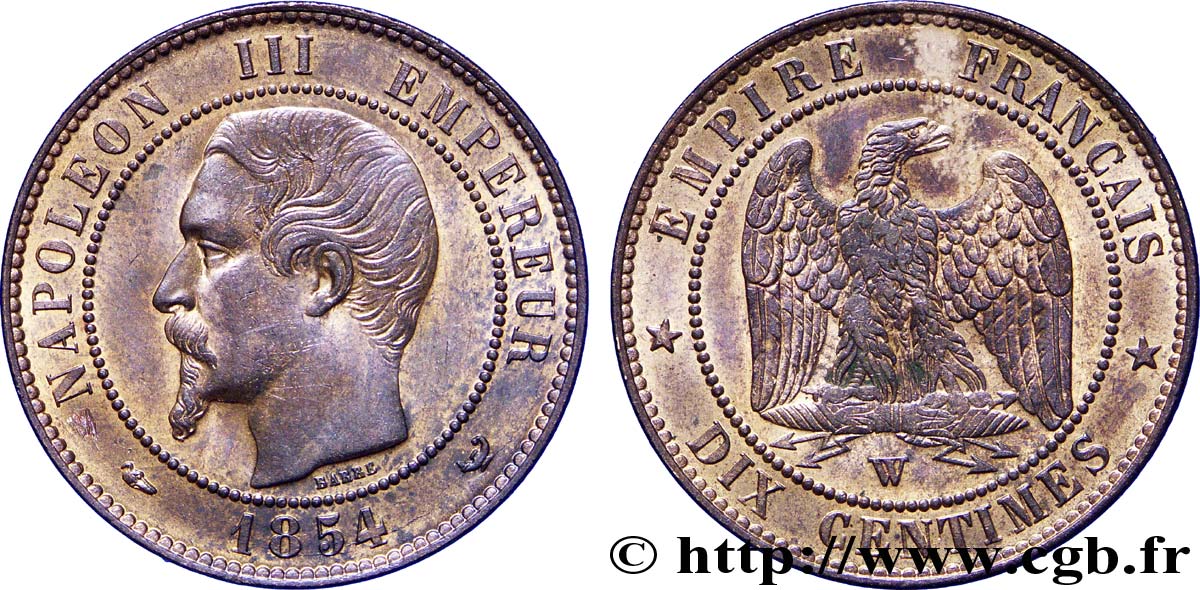 Dix centimes Napoléon III, tête nue 1854 Lille F.133/18 SUP 