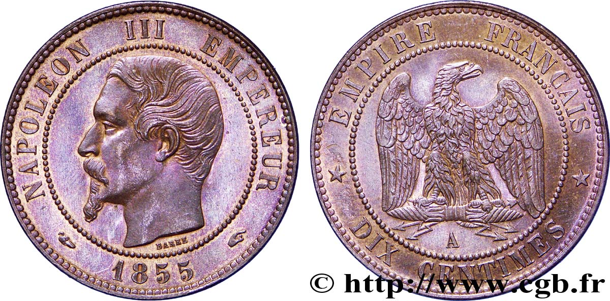 Dix centimes Napoléon III, tête nue, différent levrette 1855 Paris F.133/19 VZ 