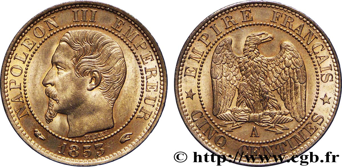 Cinq centimes Napoléon III, tête nue 1853 Paris F.116/1 fST 
