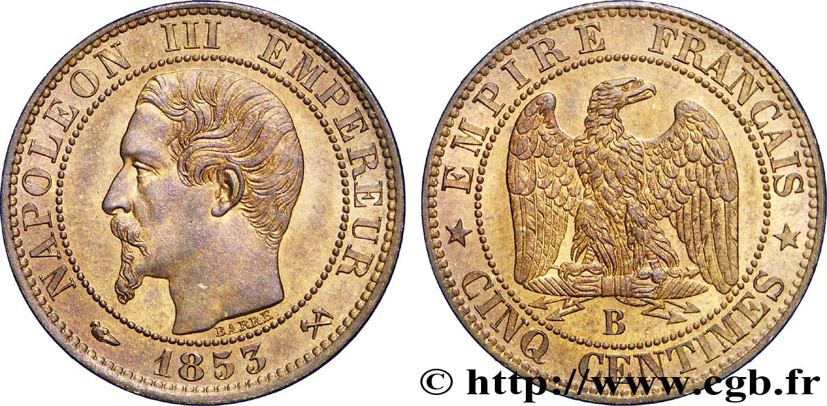 Cinq centimes Napoléon III, tête nue 1853 Rouen F.116/2 SUP 