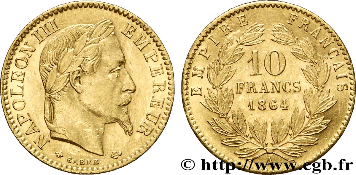 10 francs or Napoléon III, tête laurée 1864 Paris F.507A/6 SUP 