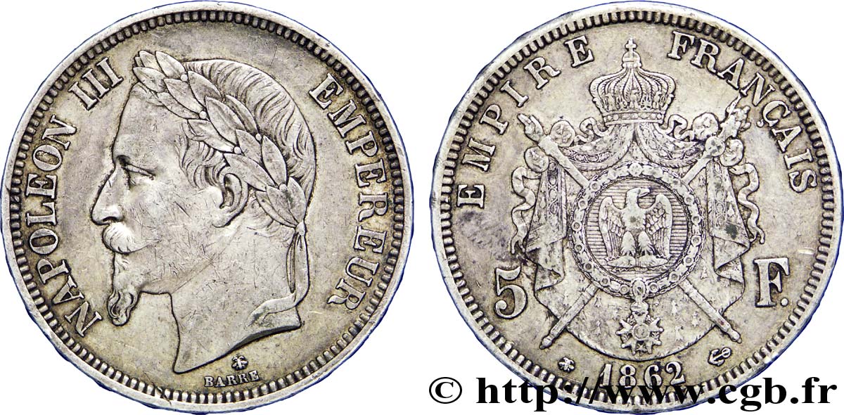 5 francs Napoléon III, tête laurée, sans lettre d’atelier 1862 Paris F.331/4 SS 