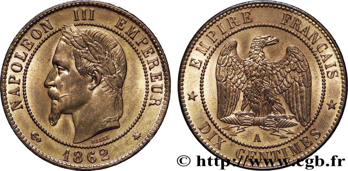 Dix centimes Napoléon III, tête laurée 1862 Paris F.134/7 AU 