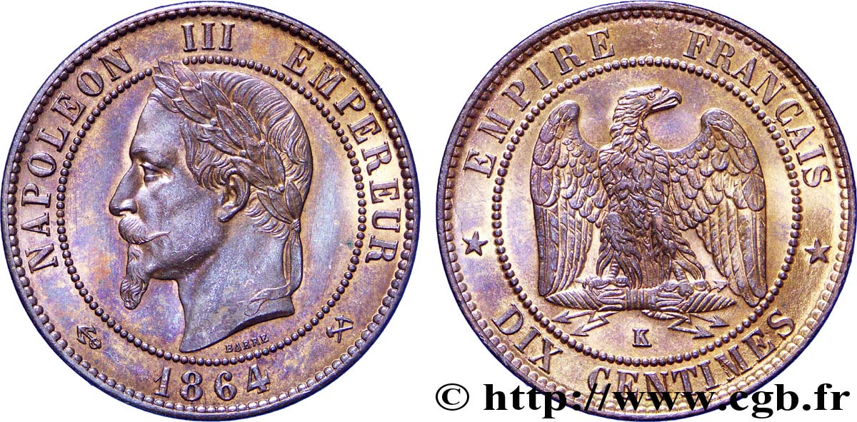 Dix centimes Napoléon III, tête laurée 1864 Bordeaux F.134/15 SUP 