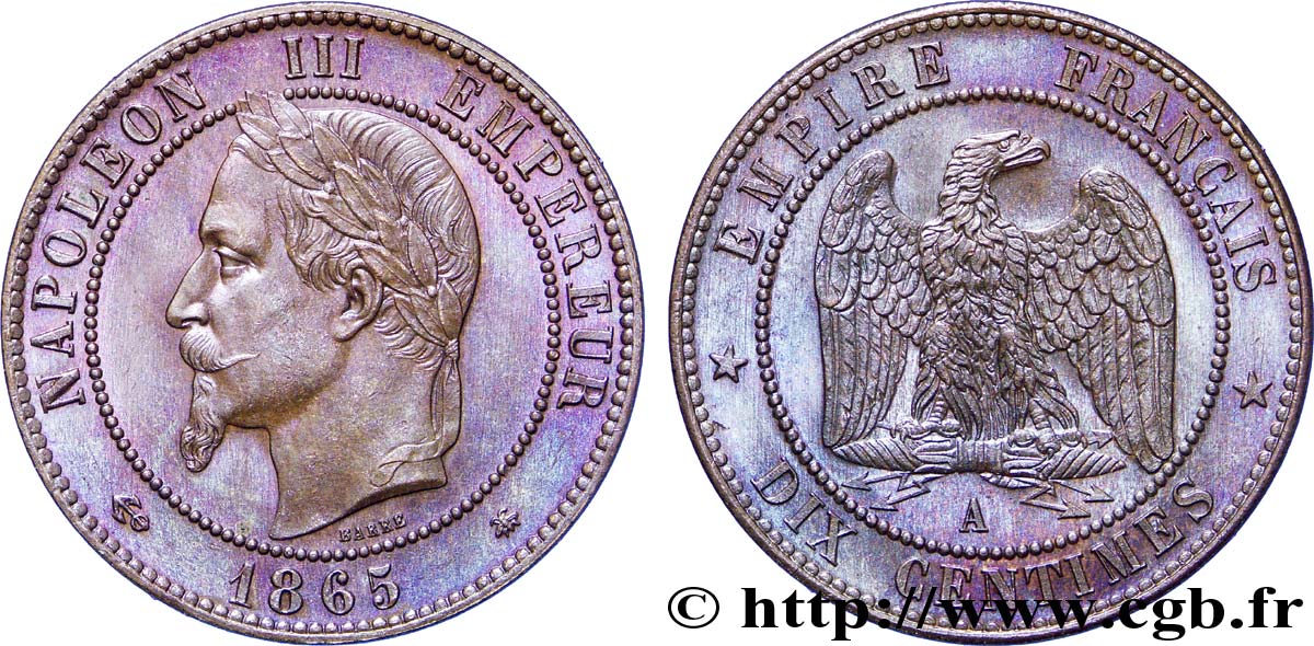 Dix centimes Napoléon III, tête laurée 1865 Paris F.134/16 SPL 