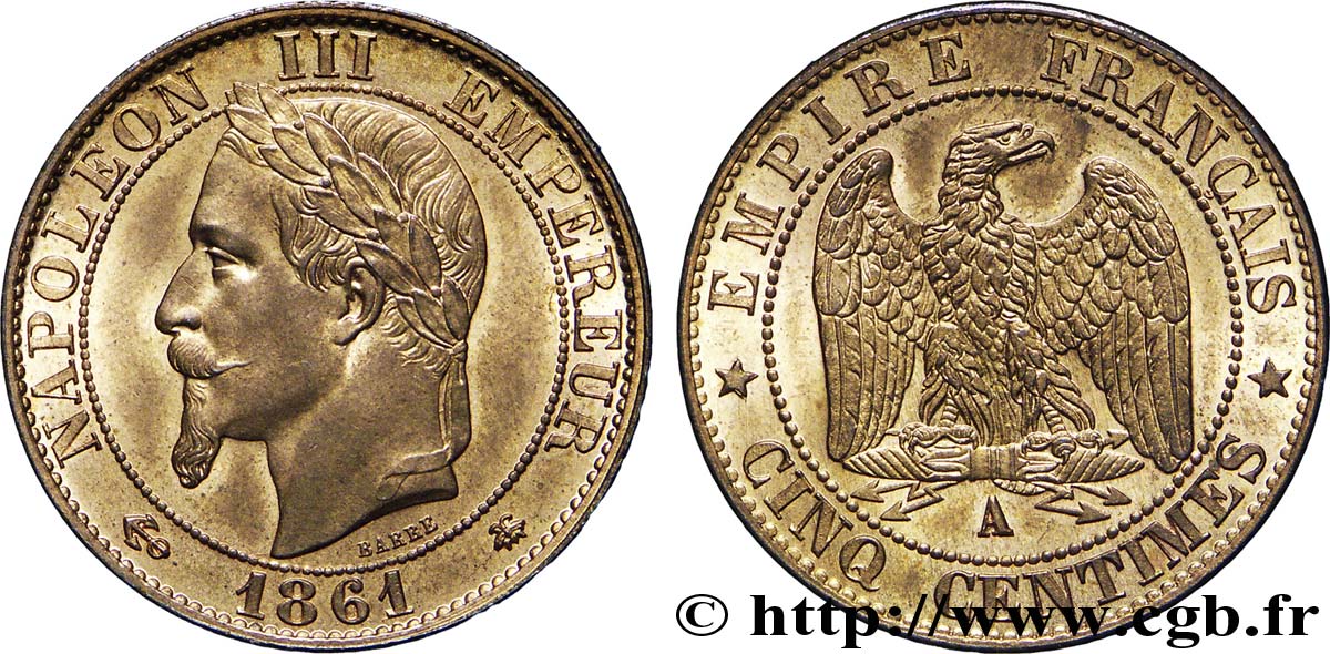 Cinq centimes Napoléon III, tête laurée 1861 Paris F.117/4 VZ 