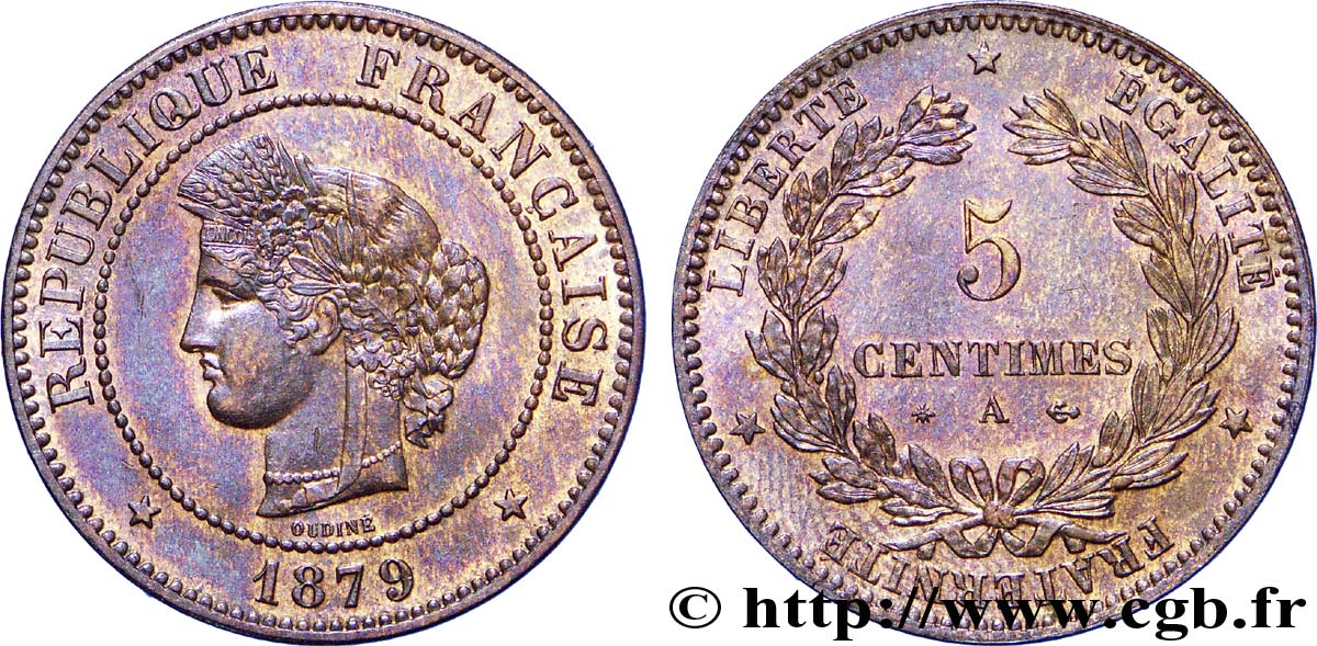 5 centimes Cérès, ancre non barrée 1879 Paris F.118/19 VZ 