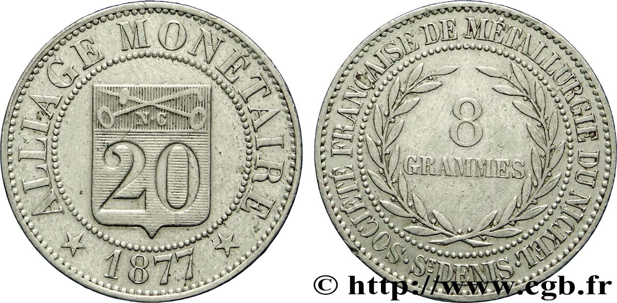 Essai d’alliage de 20 centimes 1877  VG.3896  MBC 