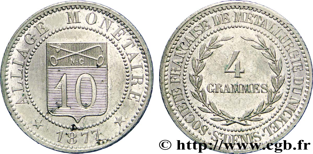 Essai d’alliage de 10 centimes 1877  VG.3897  SUP 