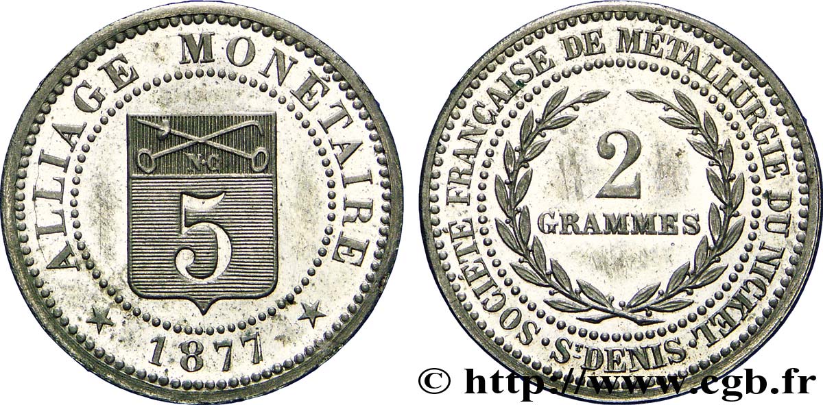 Essai d’alliage de 5 centimes 1877  VG.3898  EBC 