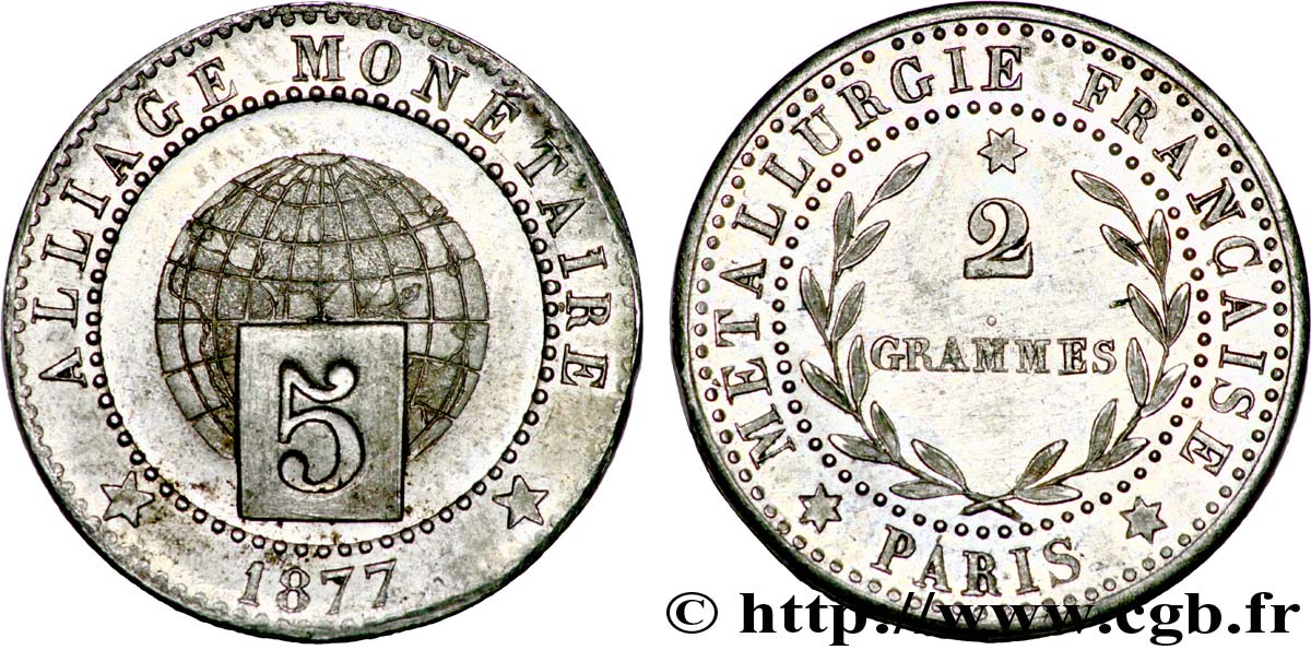 Essai d’alliage de 5 centimes 1877  VG.3900  AU 