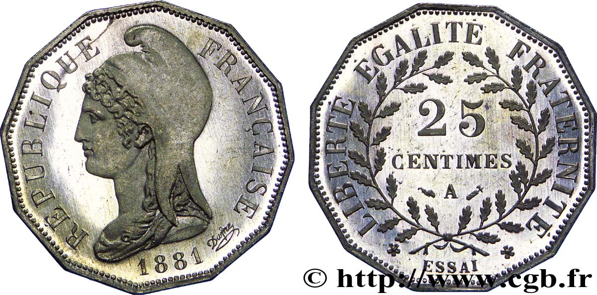 Essai de 25 centimes d’après Dupré, dodécagonal 1881 Paris VG.3965  SPL 