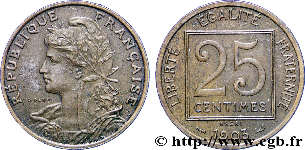 Essai de 25 centimes Patey, 1er type en bronze 1903  Maz.2134 a SS 