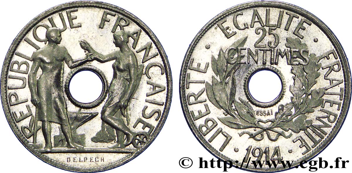 Essai de 25 centimes par Delpech, grand module 1914 Paris VG.4810 SPL 