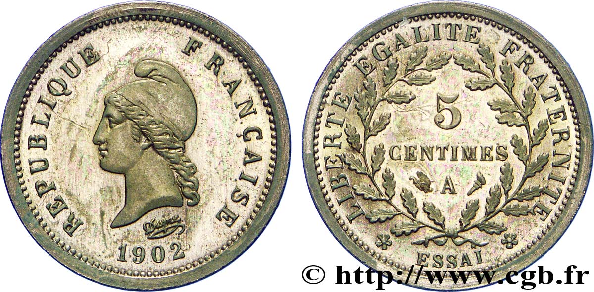 Essai de 5 centimes d’après Dupré 1902 Paris VG.4456 var. SPL 