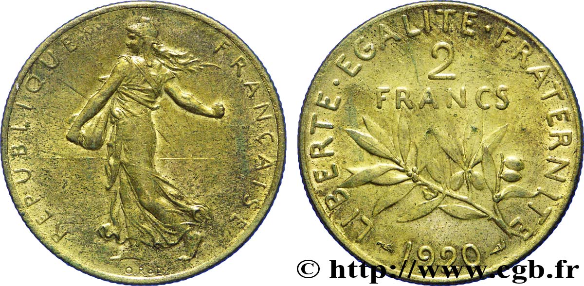2 francs Semeuse, sur flan en bronze-aluminium 1920  F.266/22 var. SUP 