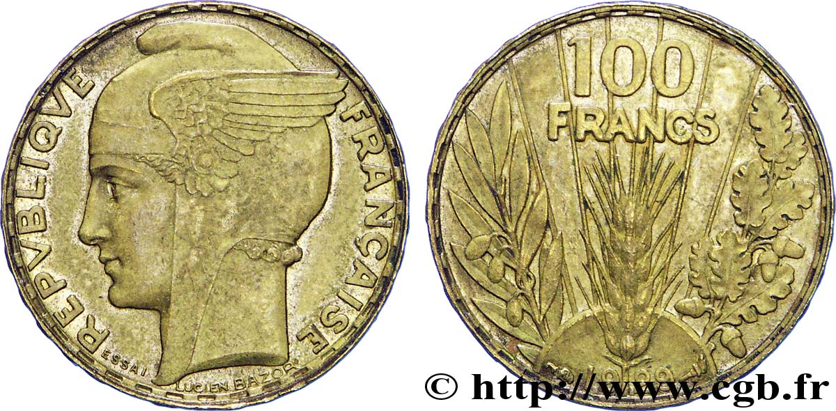 Concours de 100 francs, essai de Bazor en bronze-aluminium 1929  VG.5216 var. SUP 