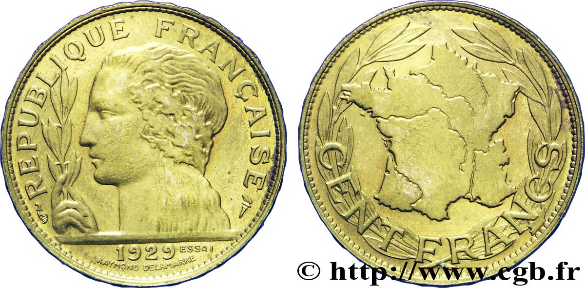 Concours de 100 francs, essai de Delamarre en bronze-aluminium 1929  VG.5217 var. SUP 