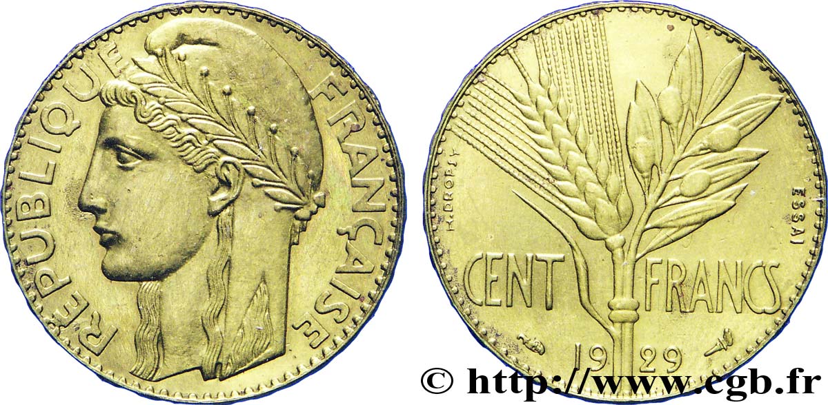 Concours de 100 francs, essai de Dropsy en bronze-aluminium 1929  VG.5218 var. VZ 