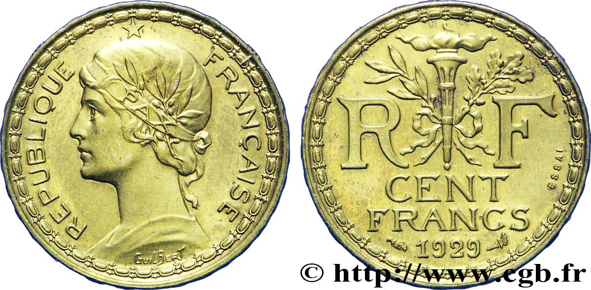 Concours de 100 francs, essai de Guilbert en bronze-aluminium 1929  VG.5219 var. SPL 