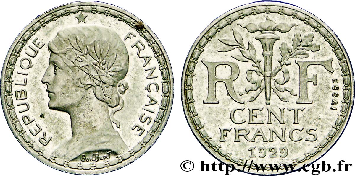 Concours de 100 francs, essai de Guilbert, petit module en maillechort 1929  VG.5219 var. AU 