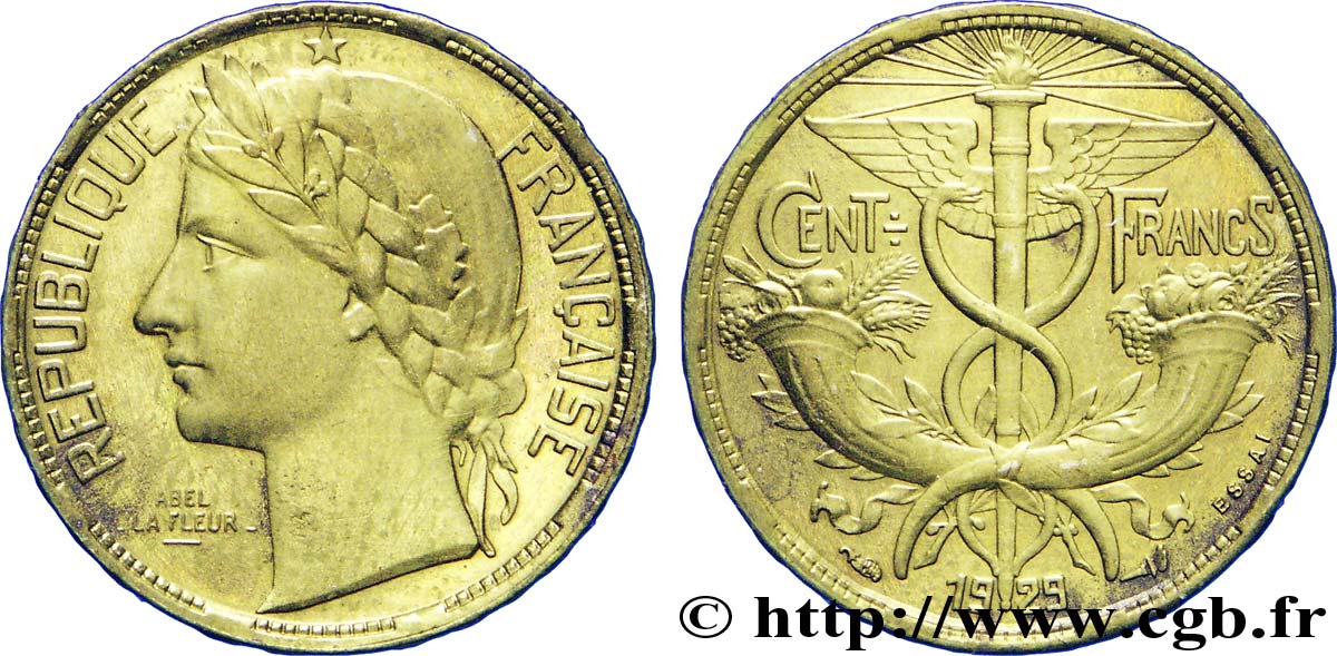 Concours de 100 francs, essai de La Fleur en bronze-aluminium 1929  VG.5220 var. SPL 