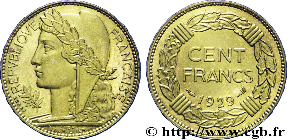 Concours de 100 francs, essai de Lavrillier en bronze-aluminium 1929  VG.5221 var. VZ 