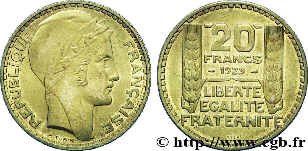 Essai de 20 francs Turin en bronze-aluminium 1929  VG.5242  AU 