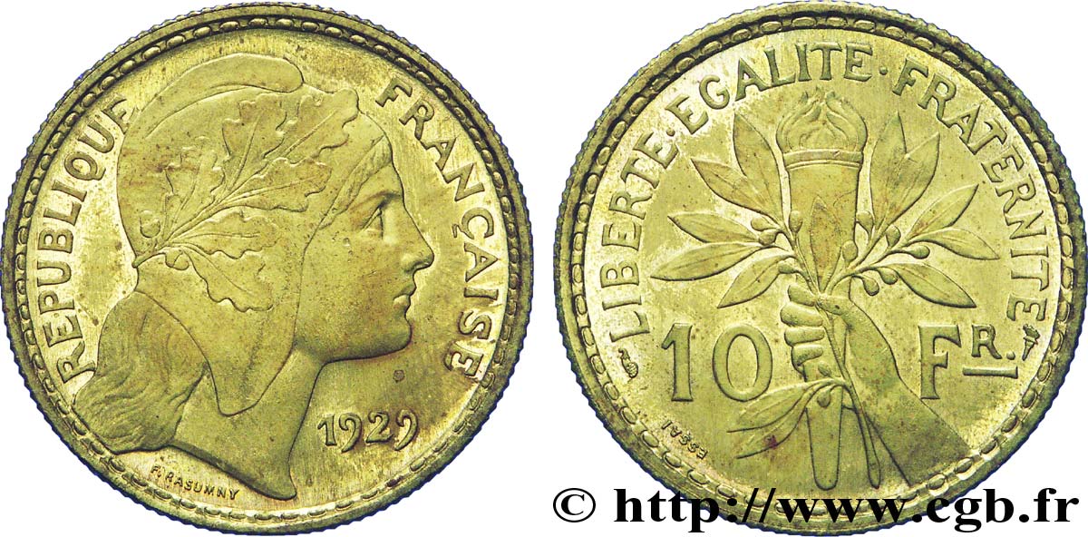 Concours de 10 francs, essai de Rasumny en bronze-aluminium 1929  VG.5233 var. SUP 