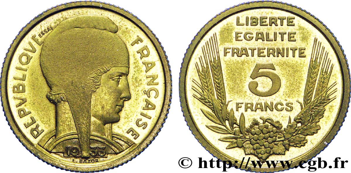 Concours de 5 francs, essai de Bazor en bronze-aluminium 1933  VG.-  EBC 