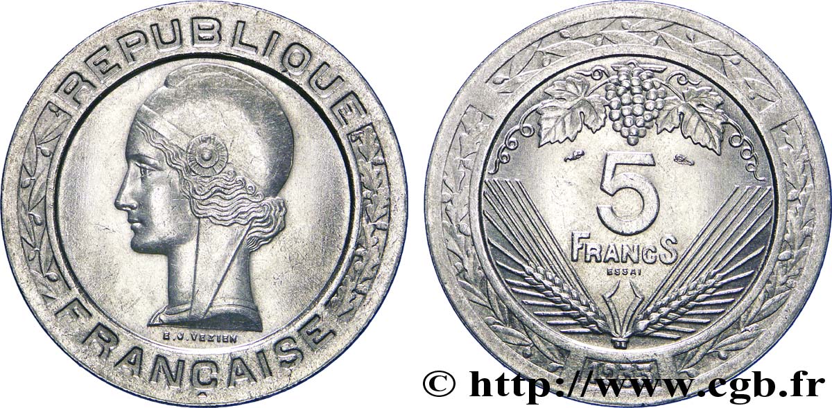 Concours de 5 francs, essai de Vézien, en nickel 1933  VG.5360  VZ 