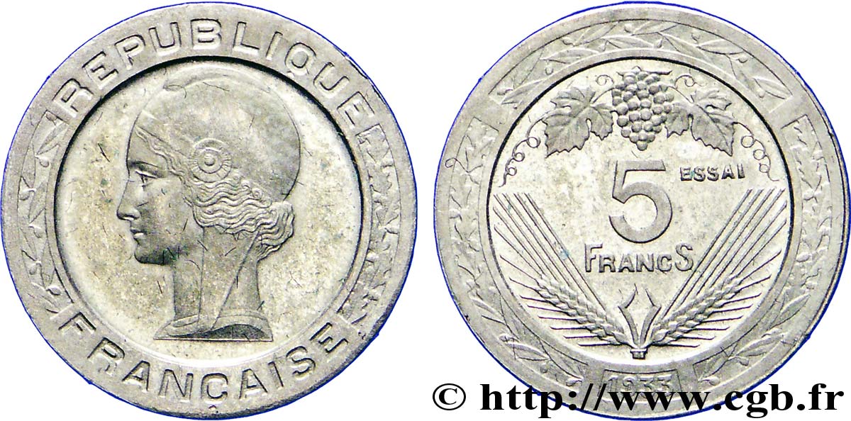Concours de 5 francs, essai de Vézien, petit module, en maillechort 1933  VG.5360 B SPL 