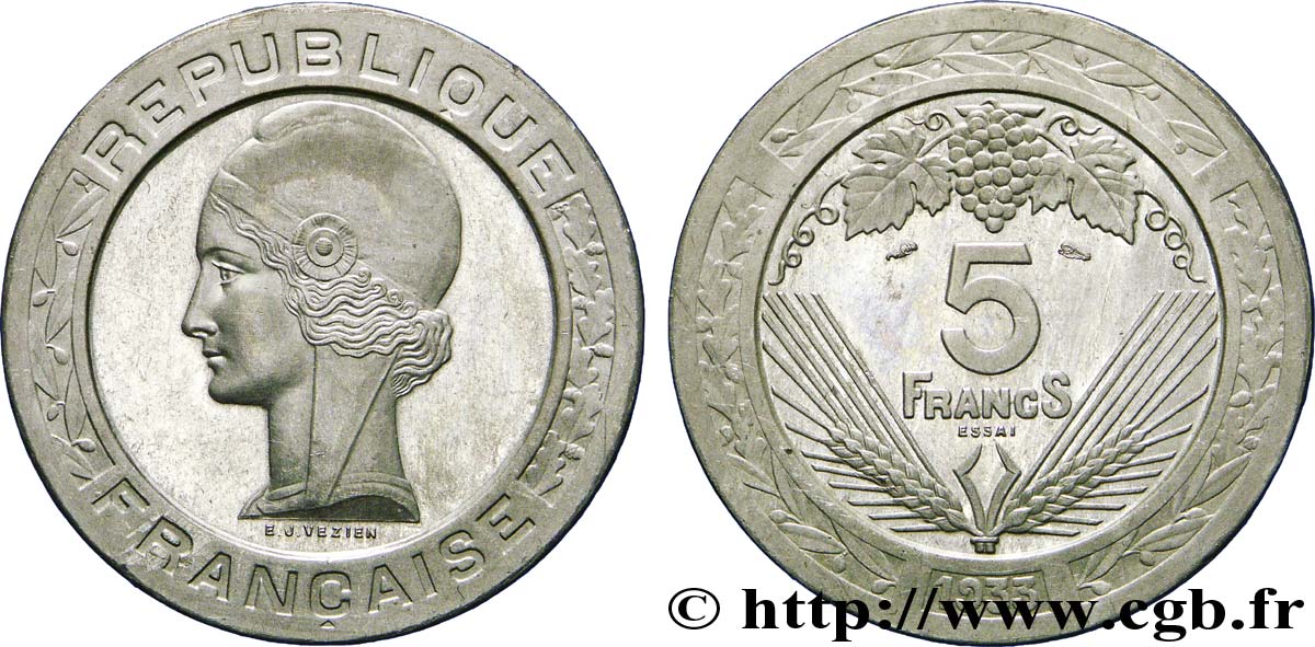 Concours de 5 francs, essai de Vézien, en étain 1933  VG.5362  VZ 