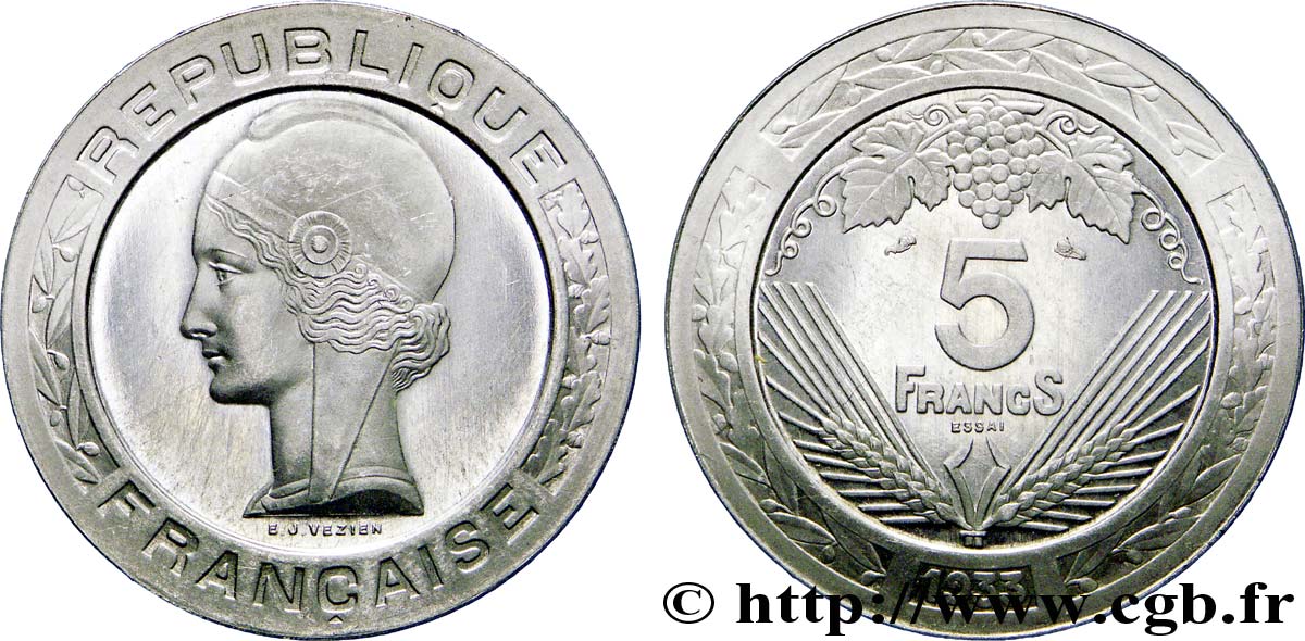 Concours de 5 francs, essai de Vézien, en aluminium, poids intermédiaire, 4 g 1933  VG.5362 B SC 