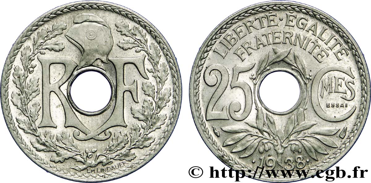 Essai de 25 centimes Lindauer, Maillechort 1938  F.172/1 MS 