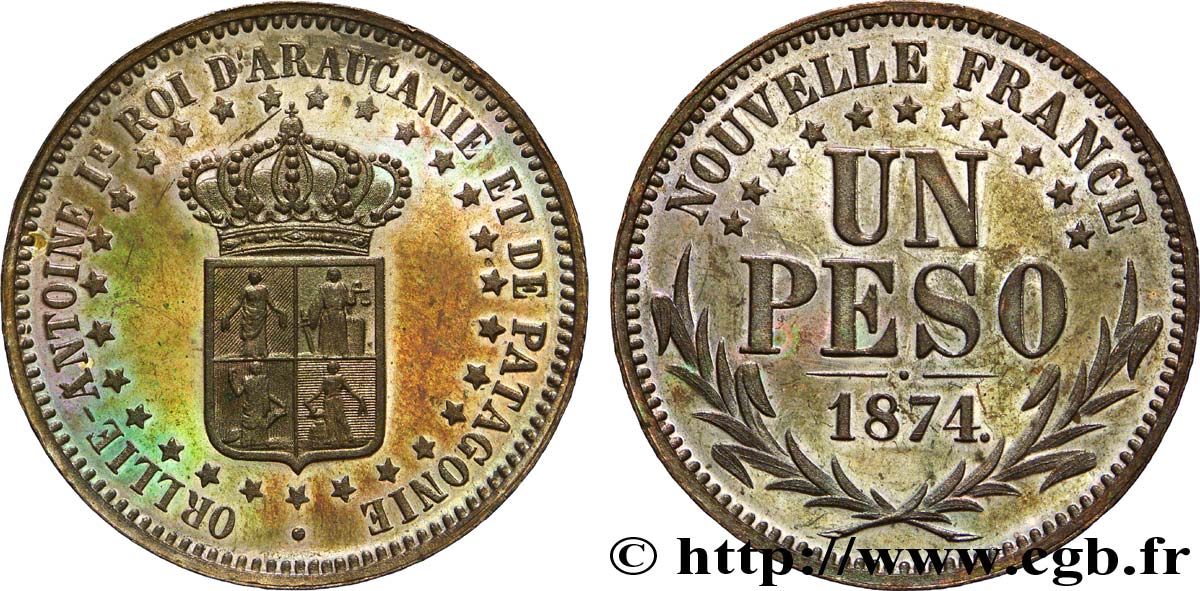 THIRD REPUBLIC - KINGDOM OF ARAUCANIA AND PATAGONIA - ORÉLIE-ANTOINE I  Piéfort en bronze de Un peso 1874  MS 