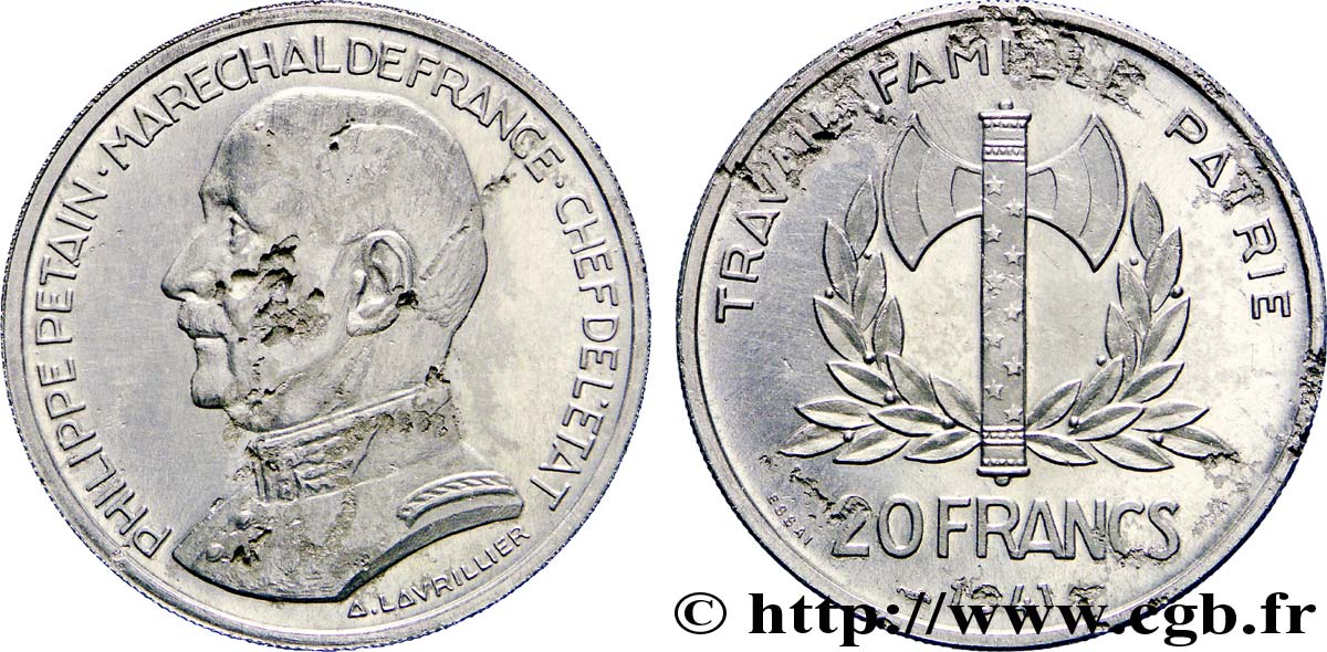Essai de 20 francs Pétain par Lavrillier en aluminium 1941  VG.5566 var. SPL 