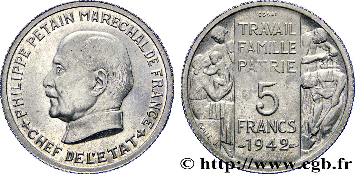 Essai grand module de 5 francs Pétain en aluminium de Bazor et Galle 1942  VG.5610  MS 