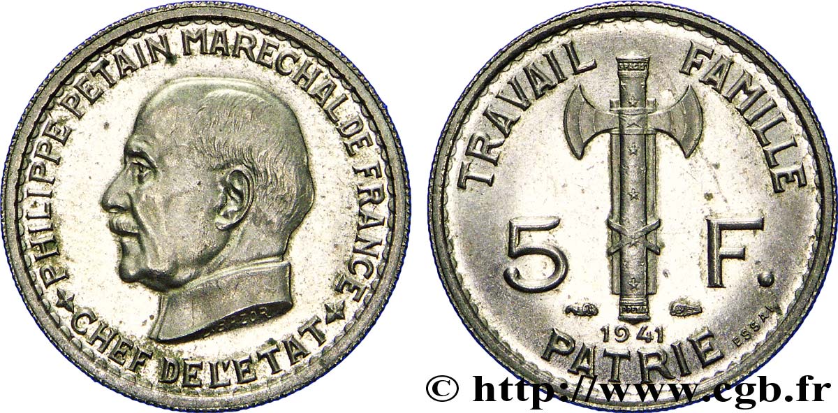 Essai de 5 francs Pétain 1941  F.338/1 SUP 