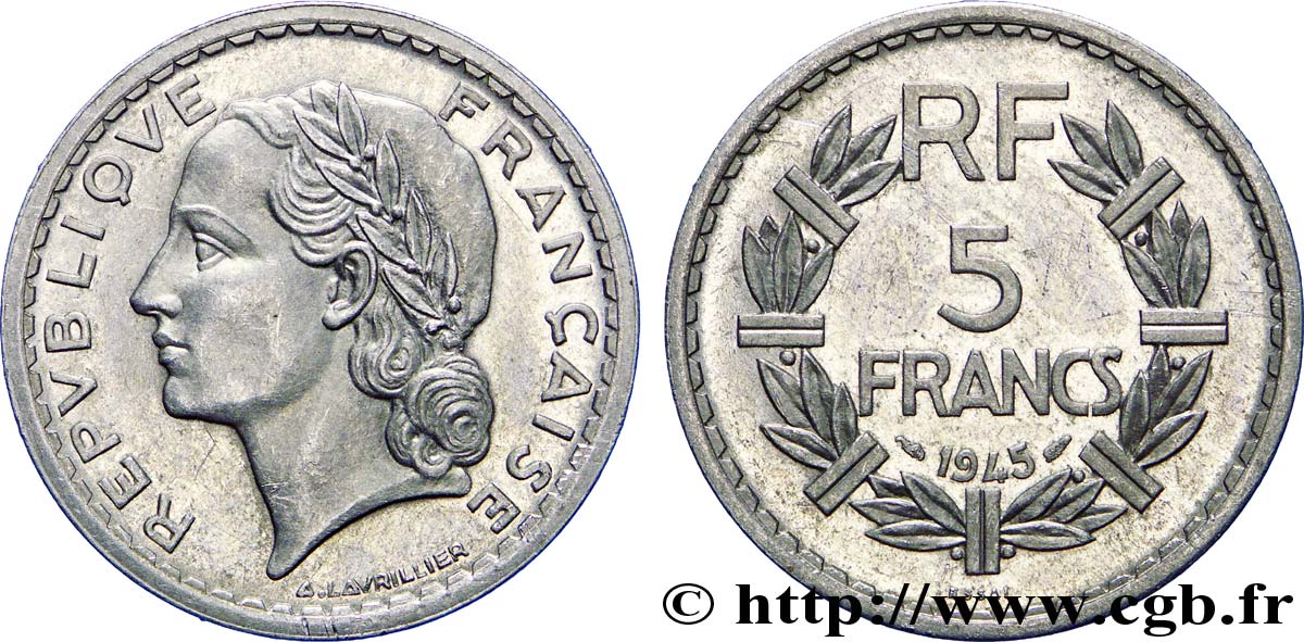 Essai de 5 francs Lavrillier, aluminium, poids lourd 1945  F.339/1 var. MS 