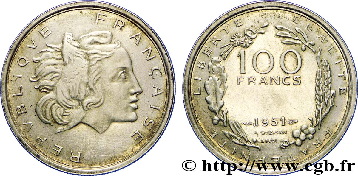 Concours de 100 francs, essai grand module par  Guzman 1951  Maz.2758  SUP 