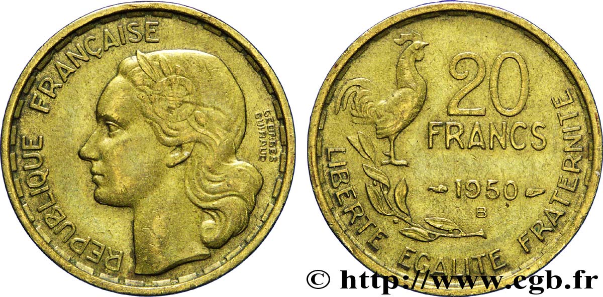 20 francs Georges Guiraud, 4 faucilles 1950 Beaumont-Le-Roger F.401/3 TTB 