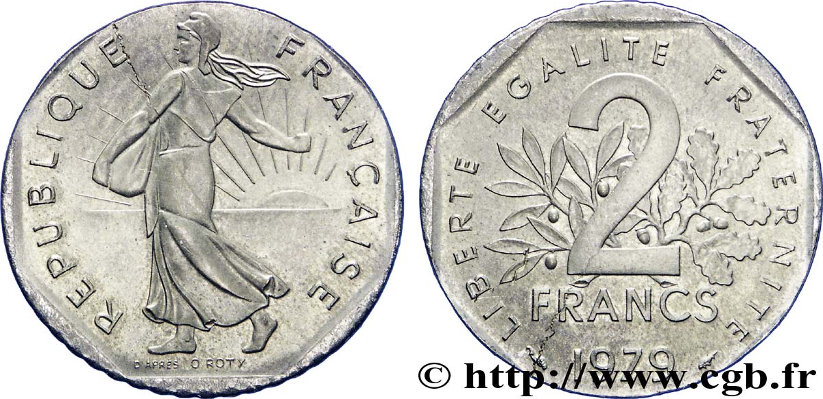 2 francs Semeuse nickel, erreur flan 1979 Pessac F.272/3 var. SUP 