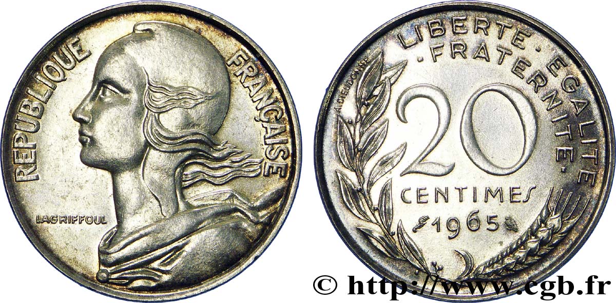 20 centimes Marianne, frappe sur un flan en argent indéterminé 1965 Paris F.156/5 var. AU 