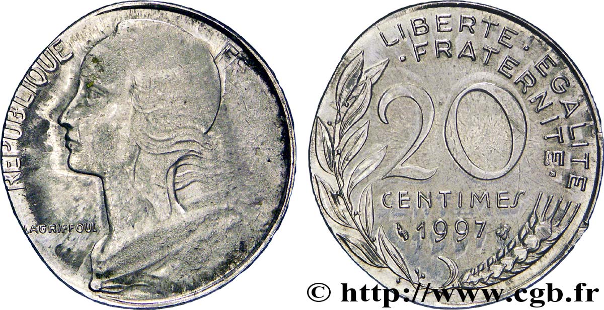 20 centimes Marianne, frappe sur un flan de 1/2 franc Semeuse 1997 Pessac F.156/41 var. AU 