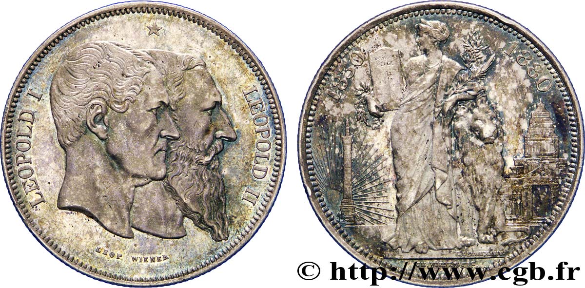 BELGIUM - KINGDOM OF BELGIUM - LEOPOLD II 5 francs, Cinquantenaire du Royaume (1830-1880) 1880 Bruxelles XF 