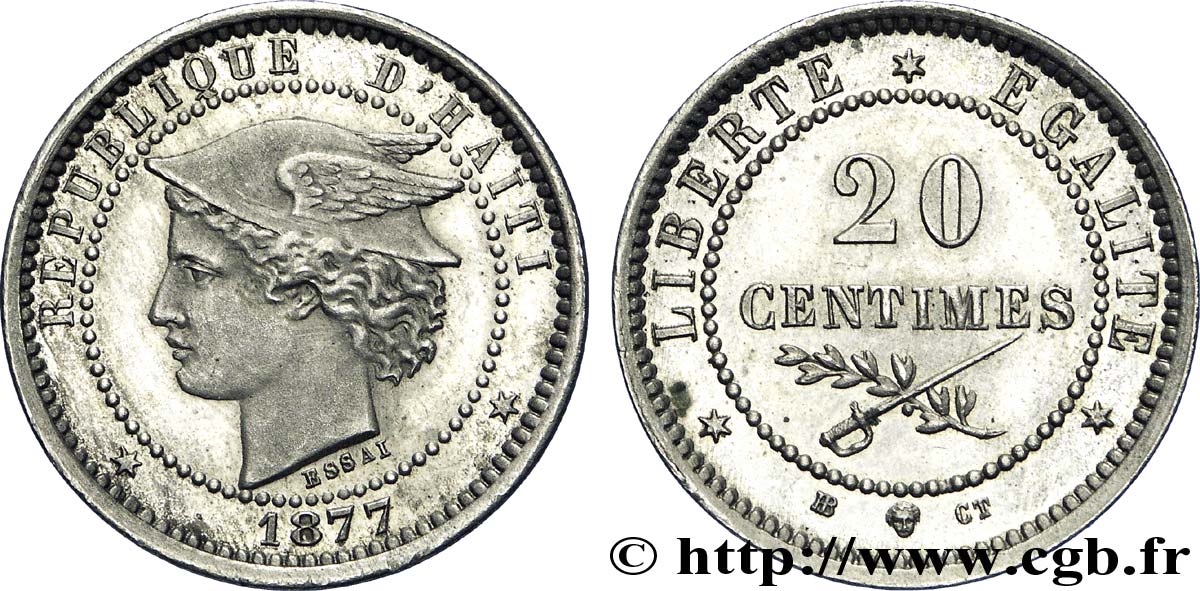 HAITI - REPUBLIC Essai de 20 centimes buste au pégase 1877  EBC 
